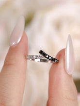 Load image into Gallery viewer, "Simple Lines" 18K set with natural black and white diamonds, V-shaped silk scarf style diamond ring