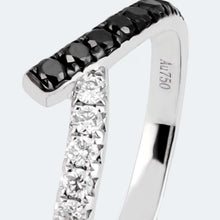 Load image into Gallery viewer, "Simple Lines" 18K set with natural black and white diamonds, V-shaped silk scarf style diamond ring