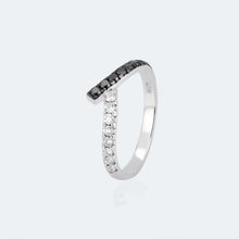 Load image into Gallery viewer, "Simple Lines" 18K set with natural black and white diamonds, V-shaped silk scarf style diamond ring