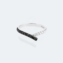 Load image into Gallery viewer, "Simple Lines" 18K set with natural black and white diamonds, V-shaped silk scarf style diamond ring