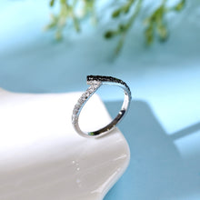 Load image into Gallery viewer, "Simple Lines" 18K set with natural black and white diamonds, V-shaped silk scarf style diamond ring