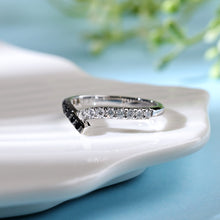 Load image into Gallery viewer, "Simple Lines" 18K set with natural black and white diamonds, V-shaped silk scarf style diamond ring