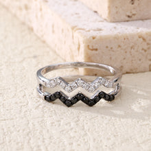 Load image into Gallery viewer, "Simple Lines" 18K set with natural black and white diamonds, linear double wave diamond ring
