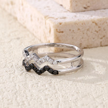 Load image into Gallery viewer, "Simple Lines" 18K set with natural black and white diamonds, linear double wave diamond ring