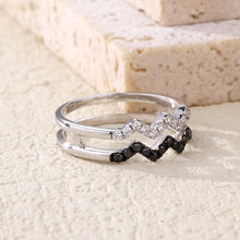 Load image into Gallery viewer, "Simple Lines" 18K set with natural black and white diamonds, linear double wave diamond ring