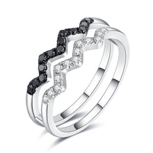Load image into Gallery viewer, "Simple Lines" 18K set with natural black and white diamonds, linear double wave diamond ring